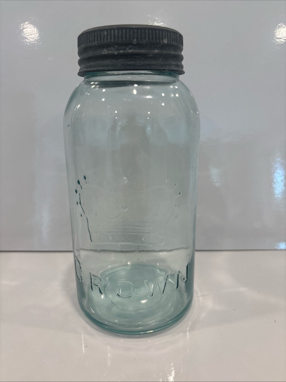 Vintage Crown Canning Jar With Glass Lid.  9” Tall Aqua  Glass